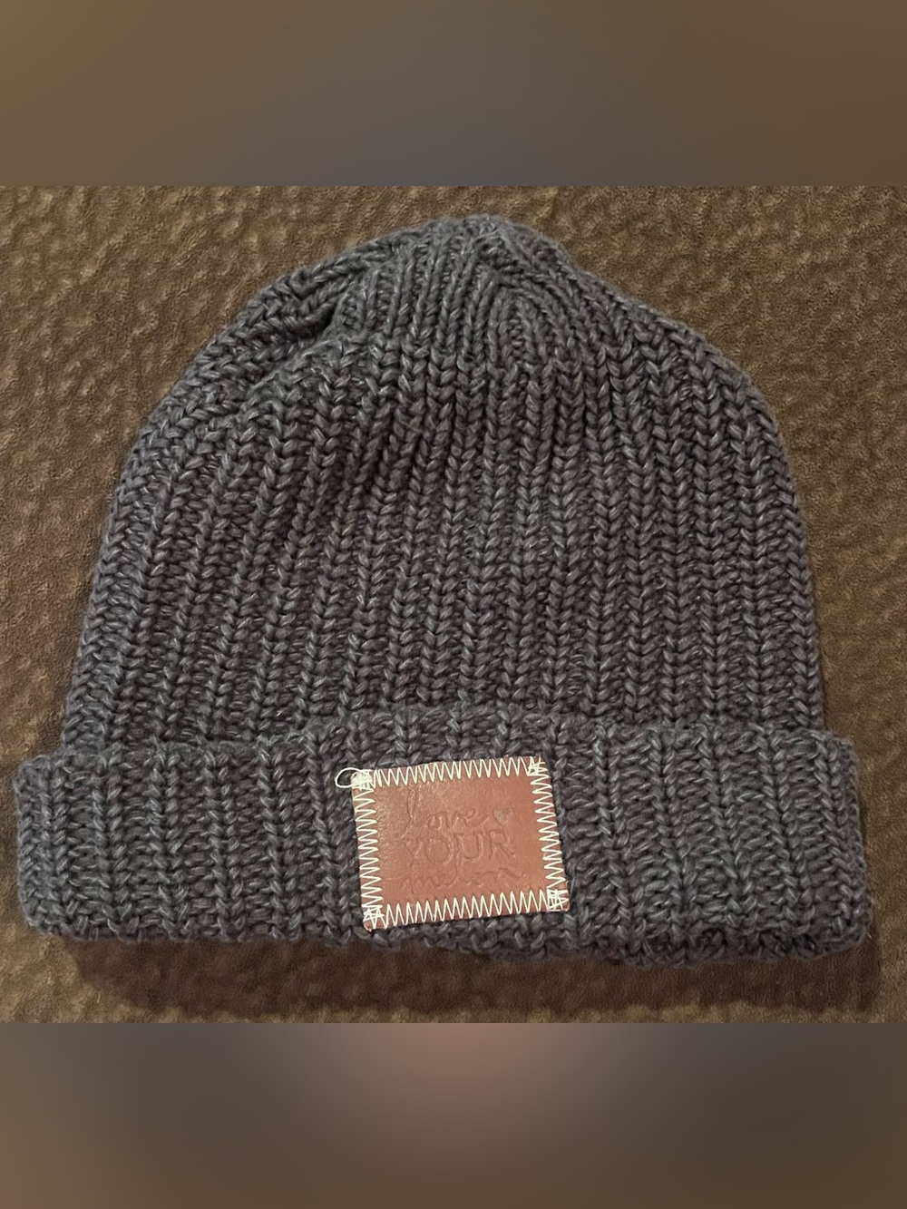 Love Your Melon Charcoal Knit Beanie with Leather Patch